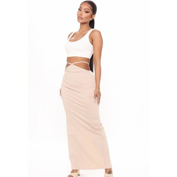 Fashion Nova Let’s Talk About Us Taupe High‑Waist Strappy Maxi Skirt Back Slit M - Picture 2 of 6